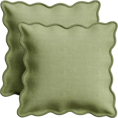 Orelle Scalloped Pillow Cover Set of 2 - Linen Cotton - 18x18 - Sage Green