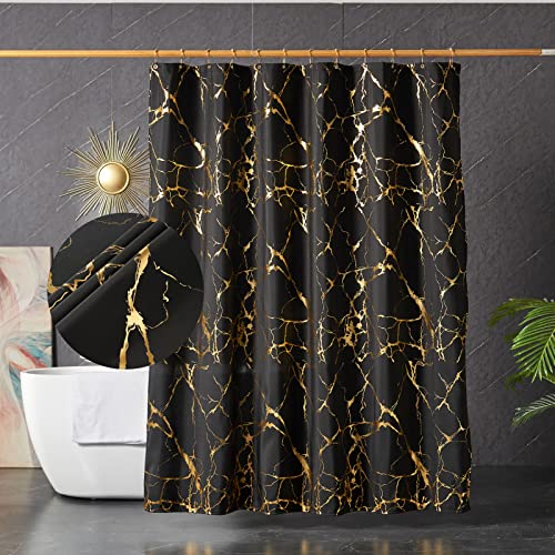 HYAWGE Black and Gold Marble Shower Curtains for Bathroom,Glitter Shower Curtain with Hooks,Unique Foil Gold Printed,Water Proof,Washable,Fabric Shower Curtain,Standard 72x72 Inches