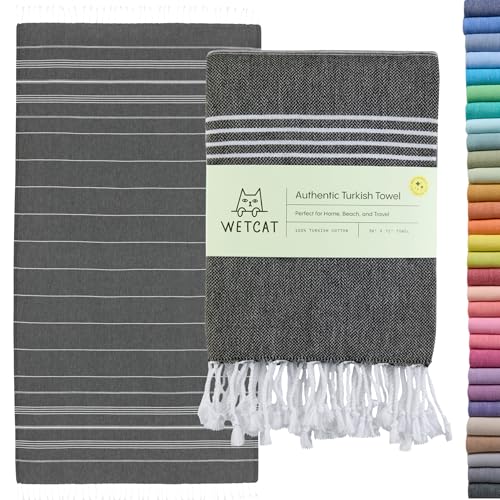 WETCAT Turkish Beach Towel Oversized 38x71 100% Cotton Sand Free Quick Dry Bath Towels Extra Large Turkish Towel Light Travel Towel for Adults Beach Gifts Beach Accessories - Black