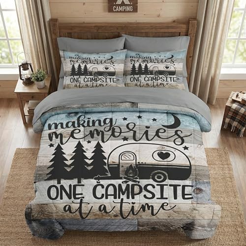 WeCozy 5 Pcs Twin Size Comforter Set with Pillowcase & Sham, Inspirational Motivational Bedding for Kids and Adults, Retro Wood Camp Camper Bed in a Bag with Flat Fitted Sheet
