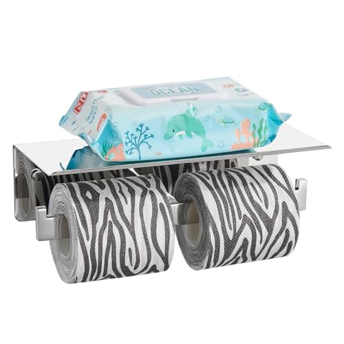 Angle Simple Double Toilet Paper Holder with Shelf, SUS304 Paper Tissue Roll Holder for Bathroom, Polished Chrome