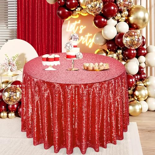 Red Tablecloth Round Table Decor - 120 Inch Sequin Fabric Decoration for Grilling Themed Party Buffet Baby Shower