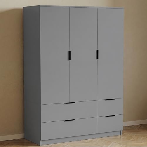 Vida Designs Trega 3 Door 4 Drawer Wardrobe - Grey - Modern Bedroom Furniture - 170H x 108W x 54D cm - With Storage Shelf & Hanging Rail - Large Capacity Storage