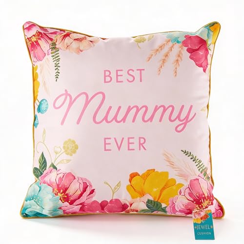 Hox Luxe Jewel Cushion – Best Mummy Ever Decorative Square Pillow 46 x 46cm with Floral Border, Deep-Filled for Sofa or Bedroom with Piped Edging