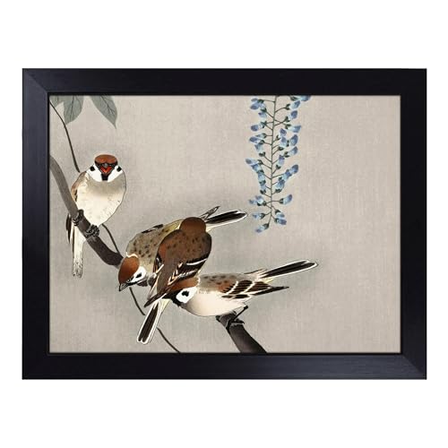 Lap Tray with Bean Bag Cushion, Sparrows At Wisteria By Ohara Koson - Handmade in the UK, Raised Wooden Edge, Padded Cushion, Heat-Resistant Wipe-Clean Surface, for Meals, Laptops and Crafts