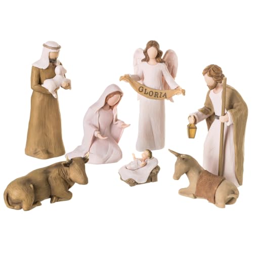 Storieme Christmas Nativity Set Indoor: 8-Piece Religious Resin Figurines Nativity Scene for Farmhouse Tabletop Decor Holiday Tradition