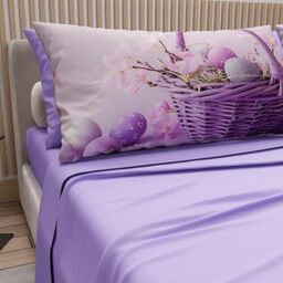 PETTI Artigiani Italiani - Easter Cotton Sheets with Pillowcases in Digital Print, Double Maxi, Complete Top and Bottom Sheet with Corners, 20 Lilac, Made in Italy