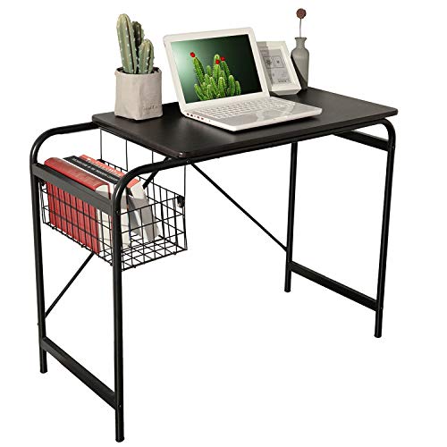 MEUBLE COSY Computer Desk Corner and Workstation with Storage Basket Laptop PC Table Home Office Furniture, Metal, Walnut, 100x45x72cm, HABIBI DESK A