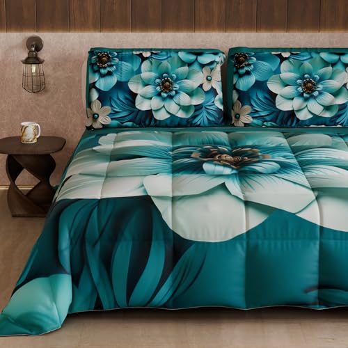 PETTI Artigiani Italiani - Winter Quilt, Winter Duvet, Double Sided Single Quilt Solid Colour and Digital Floral Print 05 21, 100% Microfibre, Made in Italy