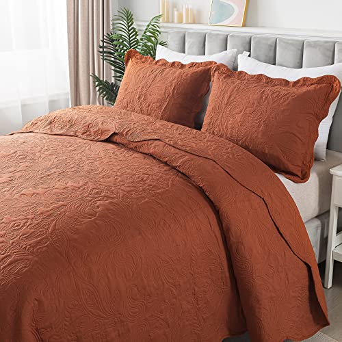 HoneiLife Queen Quilt Bedding Set - 3 Piece Microfiber Quilt Sets Lightweight Bedspreads Reversible Coverlets Retro Bed Cover Paisley Pattern Bedding Set All Season Quilts-Rust