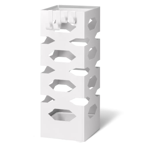 VOUNOT® Metal Umbrella Stand, Square Umbrella Holder, Freestanding Umbrella Storage Rack with Drip Tray & 4 Hooks, Hexagon Pattern for Entryway, Home, Office, 15.5 x 15.5 x 43.5 cm, White
