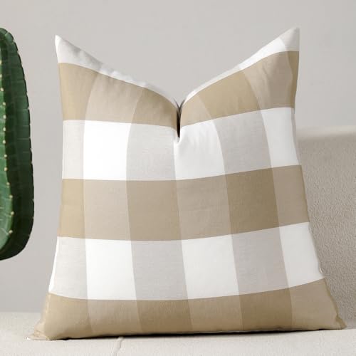 "vctops Coffee Buffalo Check Plaid Decorative Throw Pillow Covers 18x18 Inch Farmhouse Gingham Square Cushion Cover Pillowcase for Sofa Bedroom Couch (Coffee Check,18""x18"")"