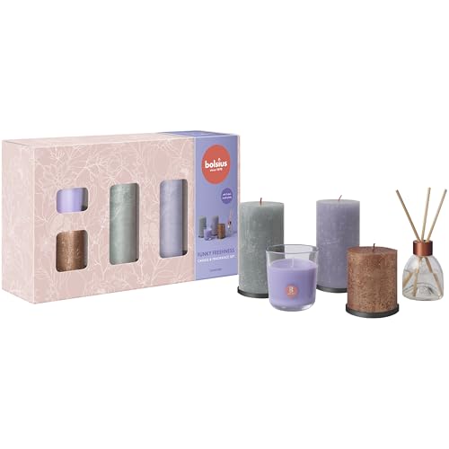 Bolsius Rustic Pillar Candles with Reed Diffuser and Scented Candle - Gift Set of 5 - Funky Freshness - Lavender - Decorative - Long Burning Time - Includes Natural Vegan Wax