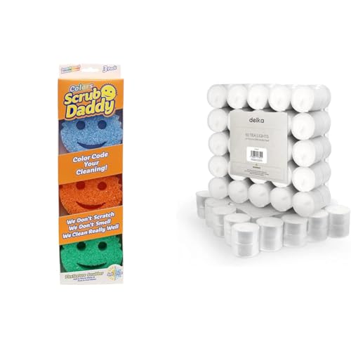 Scrub Daddy Colors, Sponge Scrubber Multipack, Dish Sponges for Washing Up, Texture Changing Non & delka 8 Hour Tea Light Candles, 50 Pack, Long Burning Time, Unscented Tea Lights - White