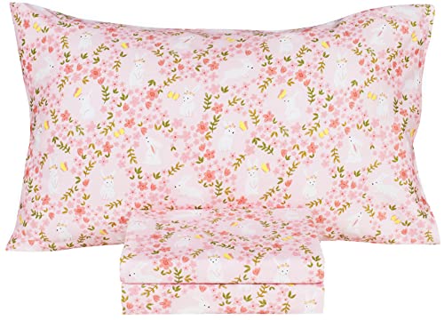 Scientific Sleep Pink Flower Rabbit Bunny 100% Cotton 3 Pcs Twin Bed Sheet Set Kids Toddler Teen, Flat Sheet & Fitted Sheet & Pillowcase Kids Bedding Set (Rabbit Flower, Twin)