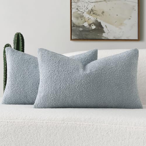 FUTEI Pack of 2 Dusty Blue Decorative Throw Pillow Covers 12x20 Inch Soft Cozy Solid Boucle Textured Lumbar Pillow Cases,Modern Home Decor for Couch Bed Living Room