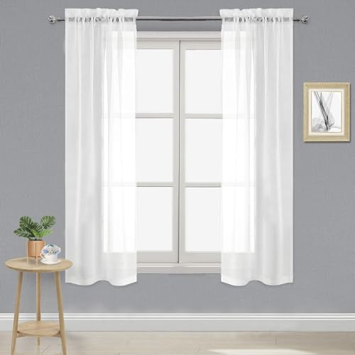 DWCN White Sheer Curtains 63 inch Length 2 Panels Set, Elegant Solid Color Kitchen Curtain for Small Window, Voile Top Dual Rod Pocket Curtains & Drapes for Living Room/Bedroom, 2pcs, Each W28 x L63