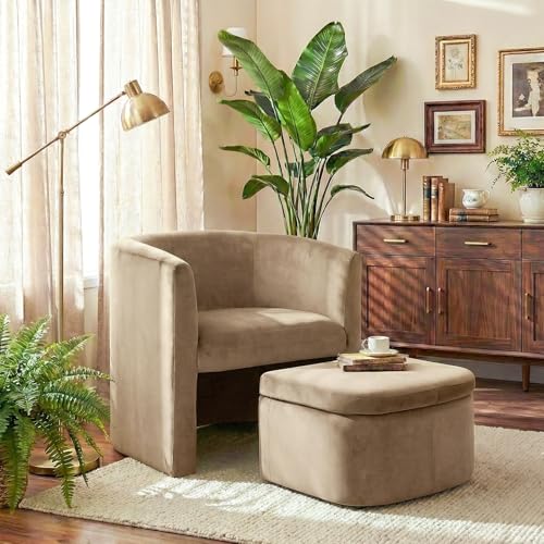 MALOL Velvet Accent Chair with Ottoman Storage Box Set of 1, Wooden Frame Armchair with Footstool, Single Sofa Chair, Arm Chairs for Living Room Bedroom Reading Spaces Office, Khaki