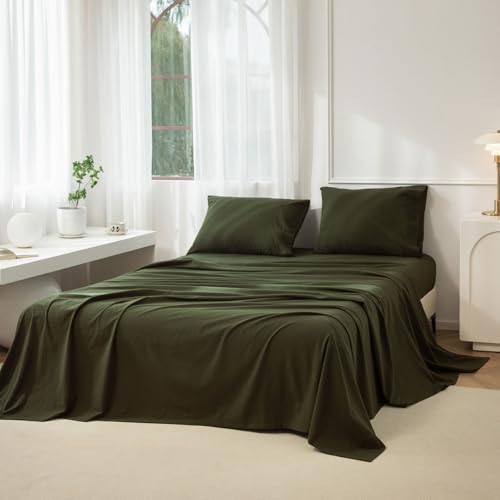 "JIYUAN King Washed Cotton Sheet Set, 4-Piece, Relaxed Linen Feel - Deep Pocket Fits Mattresses up to 17"". Flat Sheet & 2 Pillowcases. Naturally Soft & Breathable. Machine Washable."