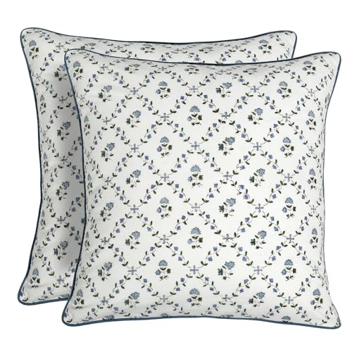 "Ridhi Block Print Powder Blue Pillow Cover 16"" x 16"" (Pack of 2) Decorative Couch Pillows for Living Room, Farmhouse Chic Boho Cute Outdoor Pillows Covers Gifts for Spring, Mother's Day"