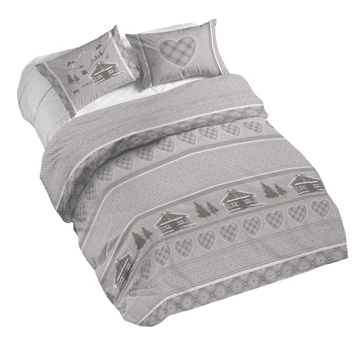 PENSIERI DELICATI 100% Cotton Double Duvet Cover Set, Complete with 250 x 200 cm Sleeping Bag and 2 Pillowcases 52 x 82 cm, Made in Italy, Duvet Cover Machine Washable At 40 Degrees, Chalet Design