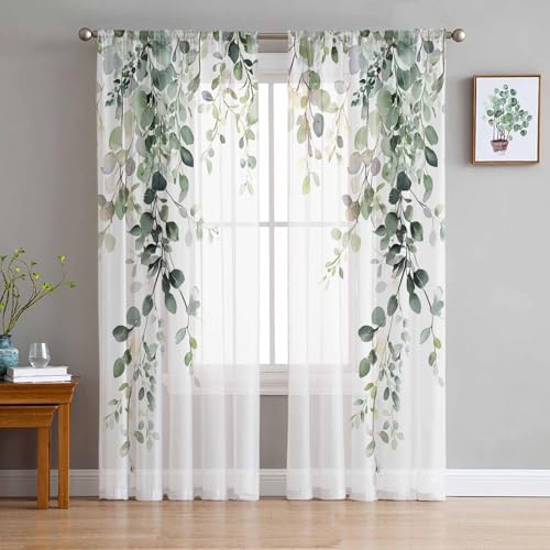 Eucalyptus Leaves Sheer Curtains for Living Room 2 Panels, Sage Green Spring Botanical Voile Curtain Drapes for Bedroom Light Filtering & Privacy Farmhouse Style Window Treatment W52 x L84, Set of 2