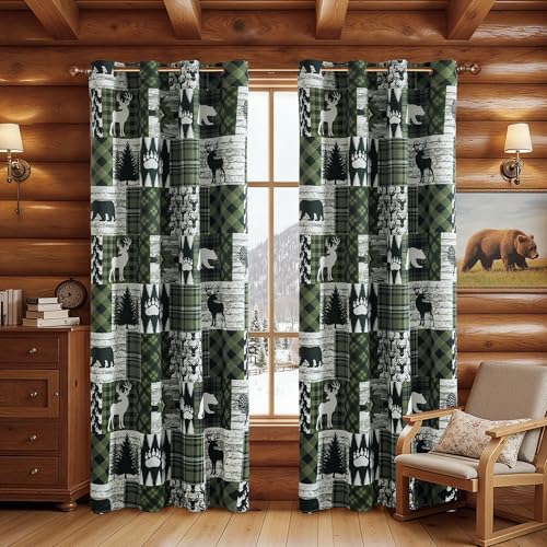 Dark Green Christmas Rustic Cabin Curtains 2 Panels Country Curtain 50% Light Blocking Darkening Grommet Window Treatments Farmhouse Patchwork Plaid Decorative for Living Room Bedroom, 52x96 inches