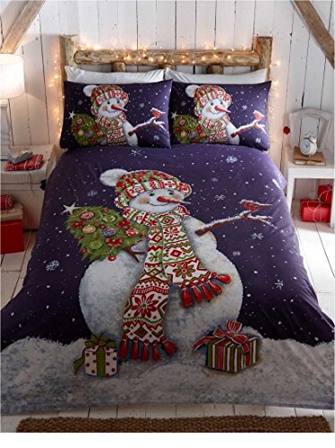 Happy Snowman Christmas Quilt Duvet Cover and 2 Pillowcases Bedding Bed Set, Blue, Double