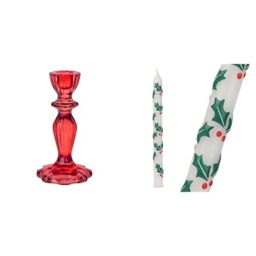 Red Glass Candlestick Holder & Holly 3D Christmas Candle Festive Bundle