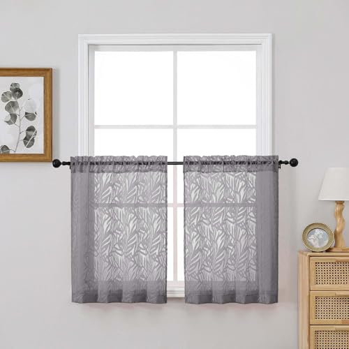 OVZME Black Kitchen Sheer Curtains 30 inch Length 2 Panels Set, Voile Light Filtering Farmhouse Leaf Jacquard Short Tier Curtains for Cafe Bathroom Bedroom, Dual Rod Pocket, 2x30Wx30L Inches