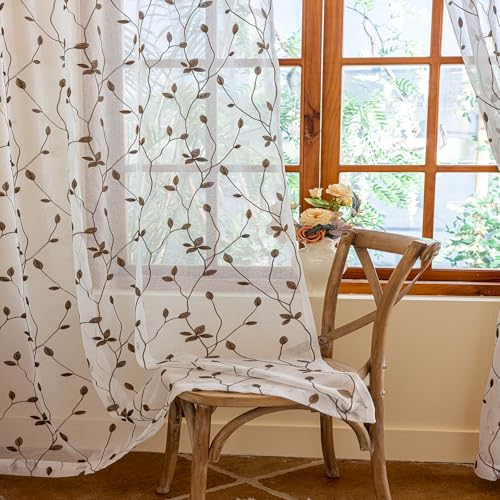 AmHoo 2 Panels Embroidered Leaf Pattern Semi Sheer Curtains Foliage Floral Voile Window Draperies Treatment for Bedroom Living Room Rod Pocket White Brown 53 x 95 Inch
