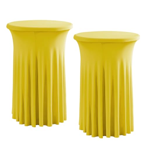 Rakila 2 Pack Round 43 x 24 Inch Spandex Cocktail Tablecloth with Wavy Skirt Yellow Fitted Stretch Table Cover for Bar Wedding Party