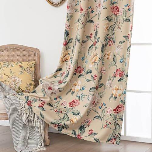 Erbnaryx 80% Blackout Curtains for Bedroom, Vintage Flower Patterned Curtains 72 Inch Length for Living Room, Vintage Art Deco Drapes, Thermal Insulated Window Curtains Grommet 2 Panels