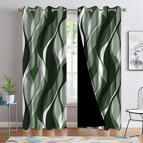 DORCEV Dark Green Wave Lines Window Curtains Abstract Art Aesthetic Gradient Green Blackout Curtains Geometric Thermal Insulated Room Darkening Window Drapes Kitchen Curtains,42x84 inch,2 Panels