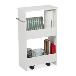 Relaxdays Niche Trolley, 2 Compartments, Narrow Storage Shelf with Castors, Bathroom & Kitchen, MDF, 67x20x43 cm, White