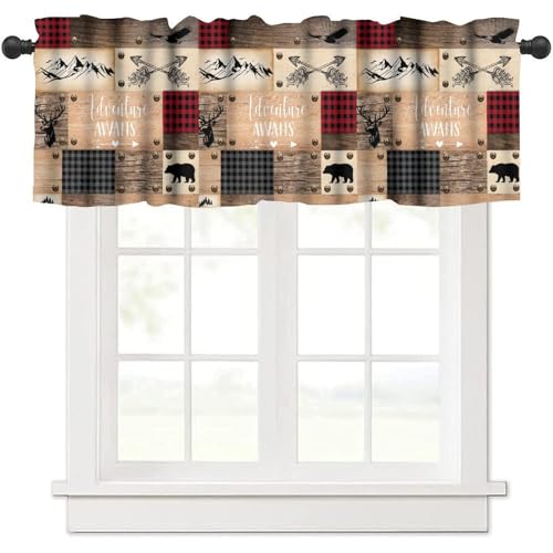 GoDazzling Retro Farmhouse Kitchen Curtain Valance, Elk Bear Moose Deer Country Animals Hunting Adventure Wooden Window Valance, for Bedroom Living Room Cafe Bathroom 1 Panels W54xL18in