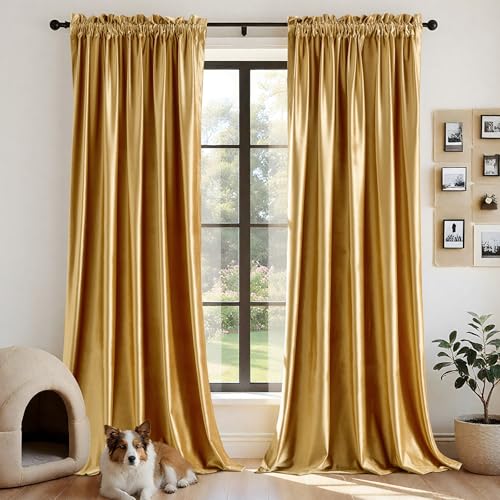 PRIMROSE Velvet Curtains Gold Luxury Elegant Curtain Thermal Insulated Soundproof Room Darkening Window Curtain Drapes for Living Room Bedroom Rod Pocket 120 Inches Set of 2
