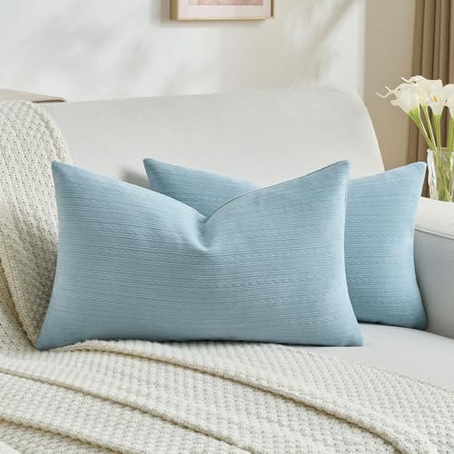 FUTEI Denim Blue Decorative Throw Pillow Covers 12x20 Inch Set of 2,Soft Cozy Wheat Ear Striped Patterns Lumbar Pillow Cases,Modern Home Decor for Couch Bed Living Room