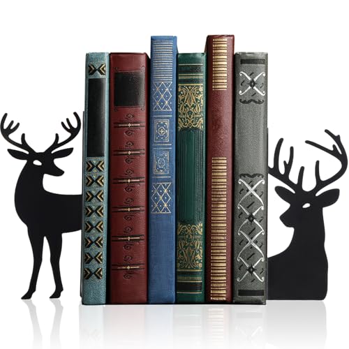 Geelin Black Reindeer Metal Bookends Set of 2 Styles Book Ends for Shelves Bookshelf Home Office Desk Bookshelf Decor Gift for Reindeer Lovers and Reading Enthusiasts