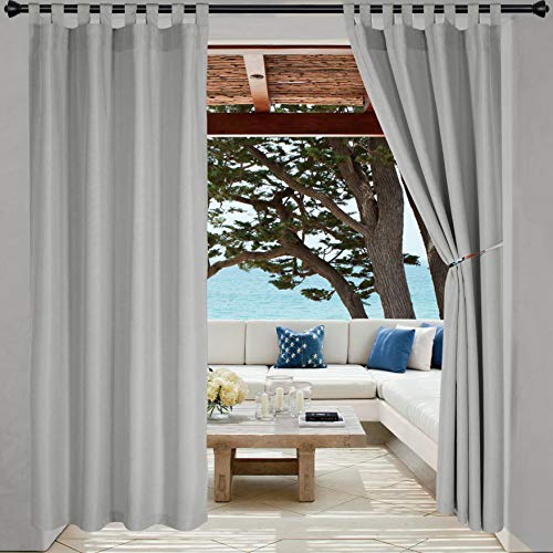 LORDTEX Indoor/Outdoor Curtains Waterproof Tab Top Patio Curtains - Sun Blocking Set of 2 Panels Thermal Insulated Curtain for Porch, Pergola, Cabana, Gazebo, 52 x 96 inch, Light Grey
