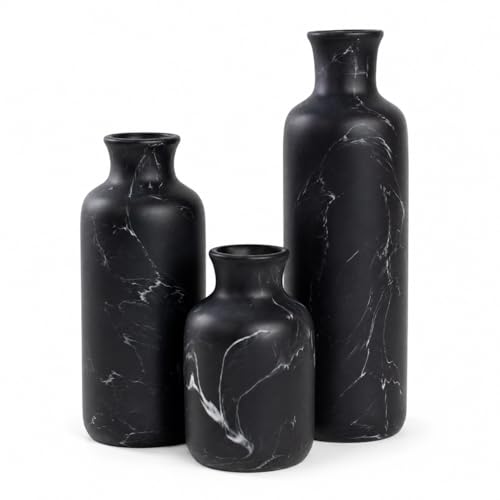 Resin 3 Piece Decorative Vase Set, Black Marble Look Farmhouse Home Decor - Rustic Vase Set of 3 Centerpiece, Mantel and Shelf Decor. Boho Style Vases for Kitchen Counter, Bedroom, Office, Living Room