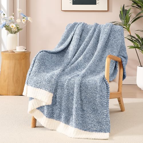 WRENSONGE Soft Throw Blanket for Couch-Cozy Reversible Knitted Blankets - Lightweight Warm Fluffy Decor for Women, Mom, Her & Girls, Sofa, Chair, Bed, 50x60in, Cationic Dyeing Blue