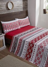 Rapport Home Fairisle Red Brushed Cotton King Size Sheet Set - 100% Cotton Fitted Sheet, Flat Sheet and Matching Pillowcase, Winter Bedding