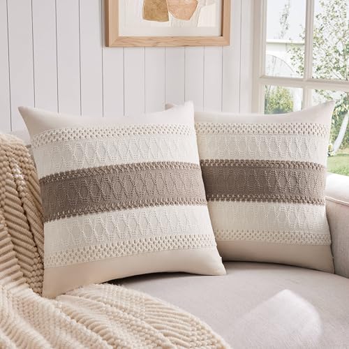 ZeeMart 2 Pack Boho Throw Pillow Covers, Contrast Cocoa Brown 20x20in - Soft Breathable Cotton, Farmhouse Decorative Couch Pillow Cases, Cushion Covers for Sofa Bed Living Room Home Decor