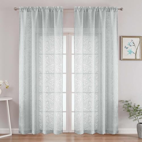 OVZME Extra Wide Light Grey Sheer Curtains 96 Inches Long 2 Panels, Light Filtering Airy Textured Drapes for Living Room Sliding Door, Long Sheer Curtains with Dual Rod Pocket, 2x52Wx96L Inches