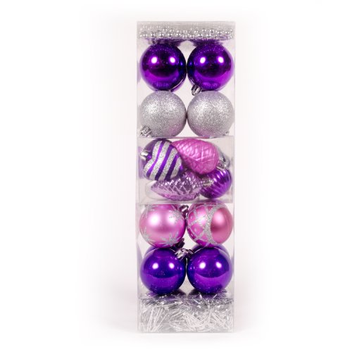 WeRChristmas 28-Piece Deluxe Variety Christmas Tree Baubles Decoration Pack with Tinsel and Beads, Pink/Purple/Silver/Fuchsia