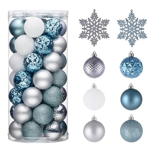 Valery Madelyn Christmas Tree Decorations Ornament Set, 50ct 2.36 Inches Light Blue Silver Shatterproof Christmas Ball Ornaments Hanging Xmas Holiday Party Decor