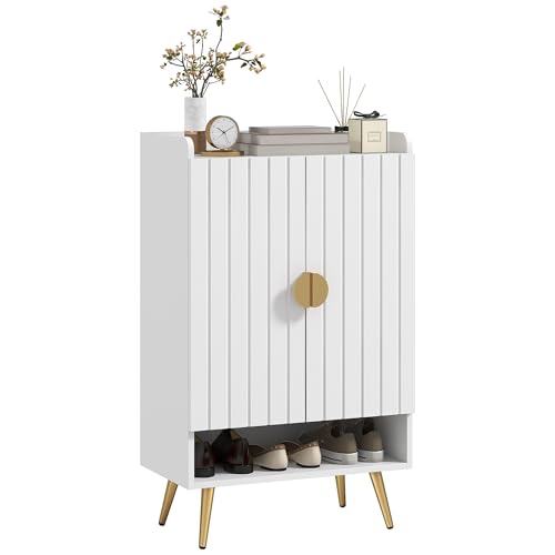 HOMCOM Modern Shoe Cabinet, 2 Doors, Open Shelf, Adjustable Shelves, White