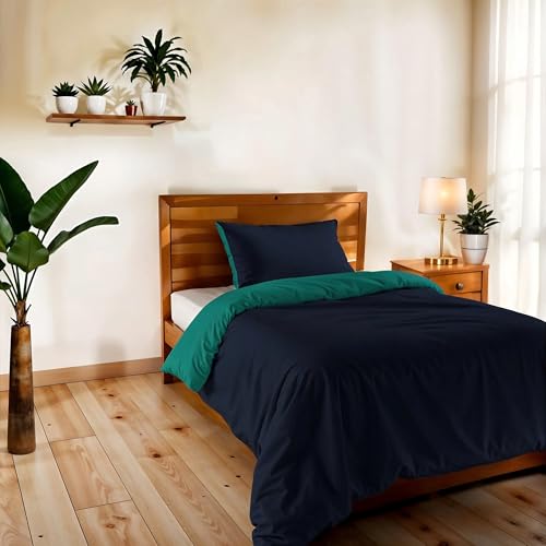 Single Duvet Cover, Plain Double Face, Vera Bedding Set with Duvet Cover 150 x 200 cm with Envelope 20 x 50 cm + Pillowcase 50 x 80 cm, Dark Blue/Aqua