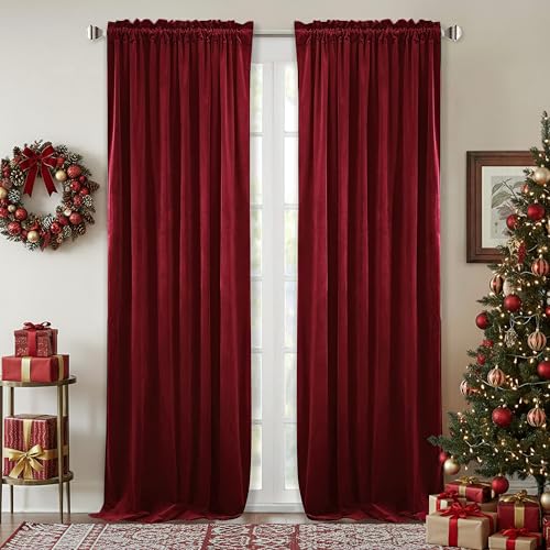 StangH Red Velvet Blackout Curtains Thermal Insulated Room Darkening Privacy Curtains 52W x 102L Inch Length 2 Panels
